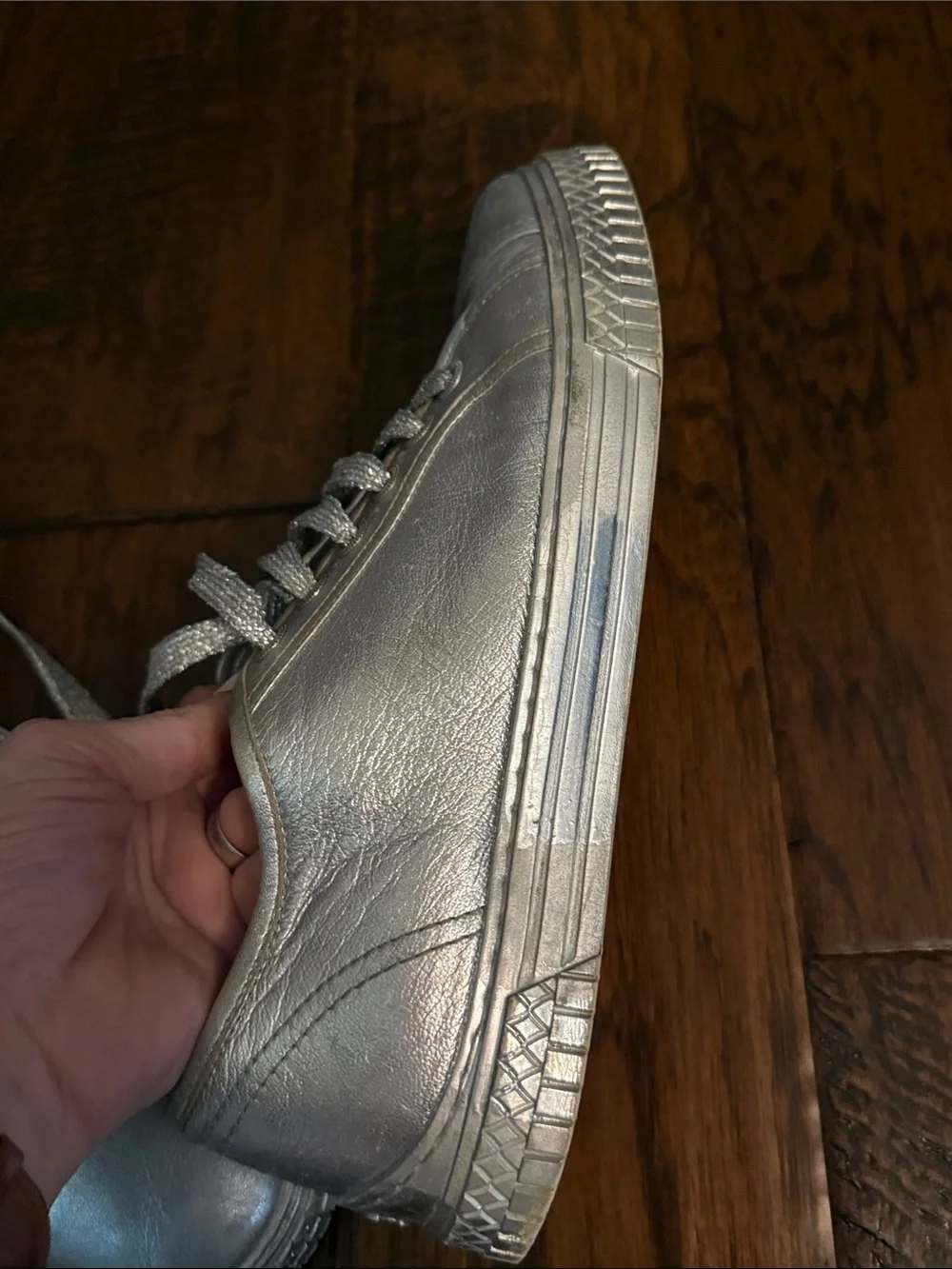CHANEL Metallic Silver Leather Sneakers with Glitter Laces